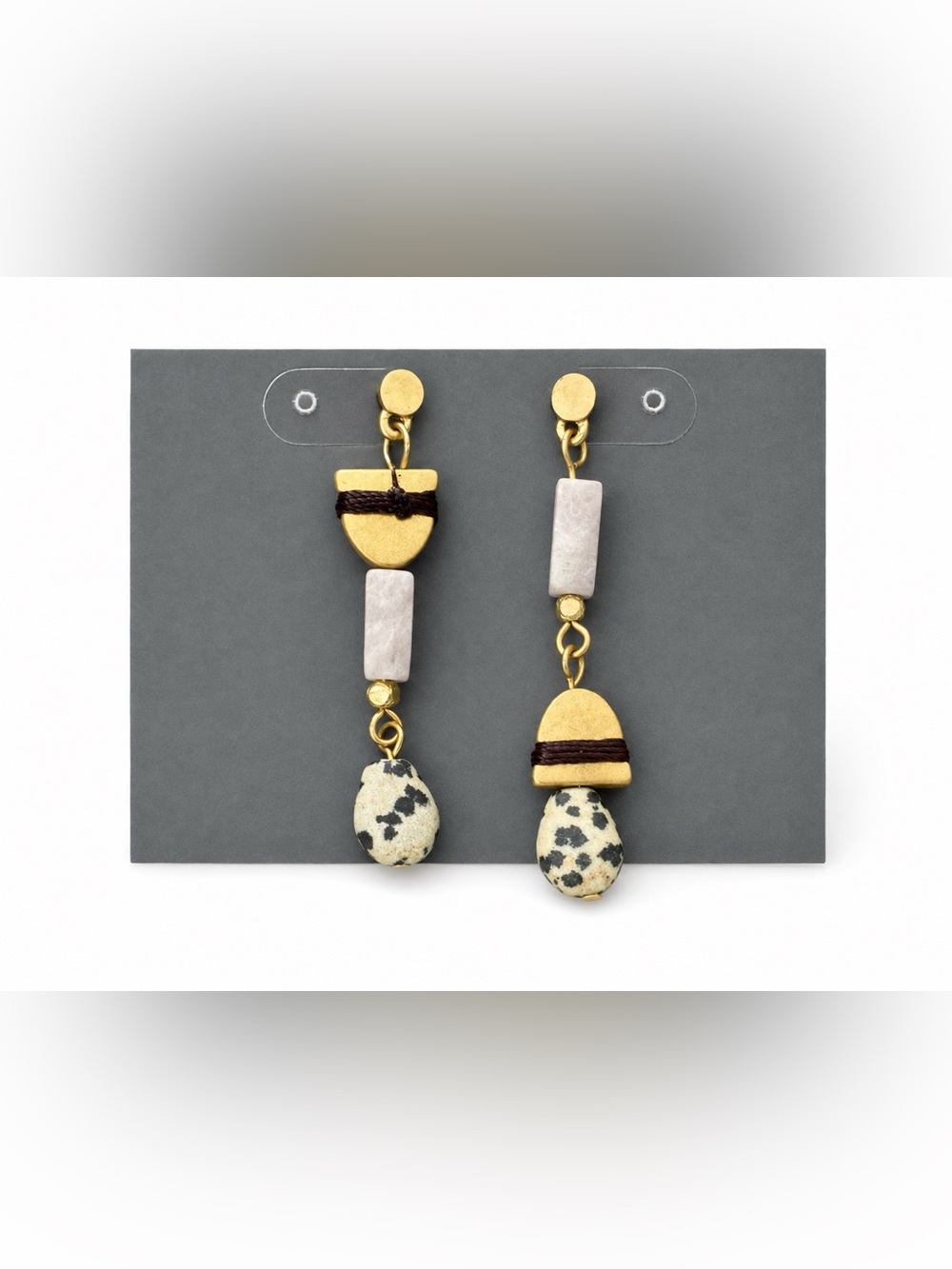 Asymmetrical Gold Tone Dalmatian Jasper Dangle Earrings Boho